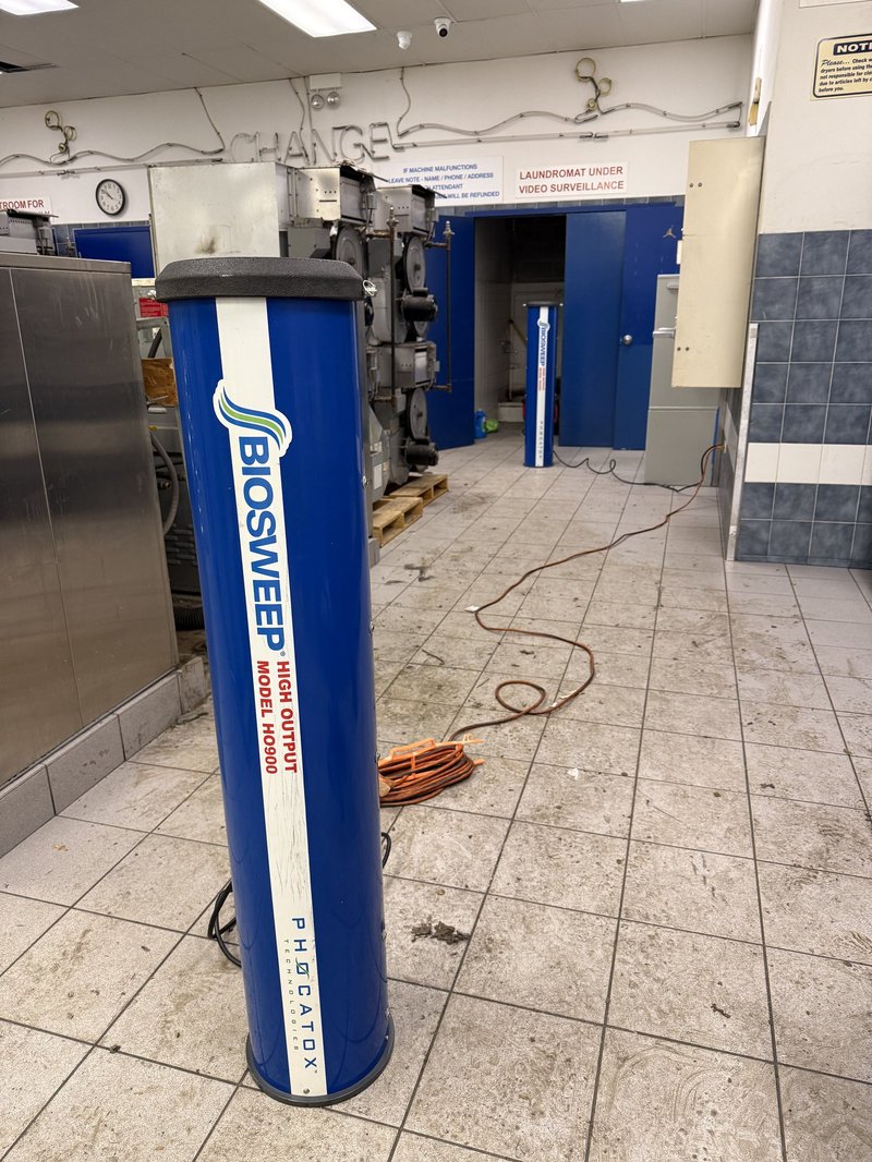 This laundromat had a fire that caused the entire 9,000 sq ft structure to reek of smoke. Within 48 hours we scoped, performed our treatment, and permanently eliminated the fire smoke odor.